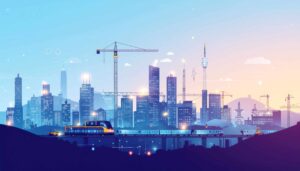 Skyline with construction cranes and train, representing the growth and development of mega projects.