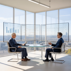 Business executives discussing risk leadership strategies.