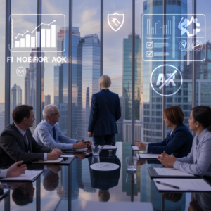 a cinematic style digital illustration o DlVUm0ITny03IQVOQP1ow 6wkuLXoSSJW3684hQuL aQ | Mega Project Compliance Senior executive leading board-level risk discussions with projected dashboards and strategic visuals