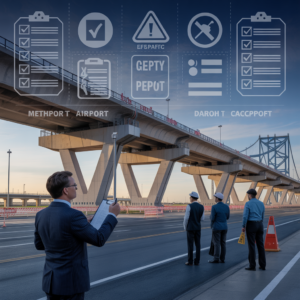 a cinematic style illustration of a larg DLvnUC6SQ1OWLCWGflz2NA rp0UVEo7RbqDayCAyHzxZw | Mega Project Compliance Regulatory inspection team under elevated transport project with data overlays illustrating compliance checks and AI risk monitoring