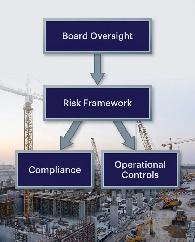 Digital GRC framework visualisation with risk, compliance, and governance data merged into a central board dashboard interface.