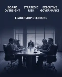 Senior executive leading board-level risk discussions with projected dashboards and strategic visuals.