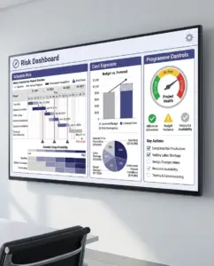 Infrastructure programme leadership reviewing project risk dashboard.