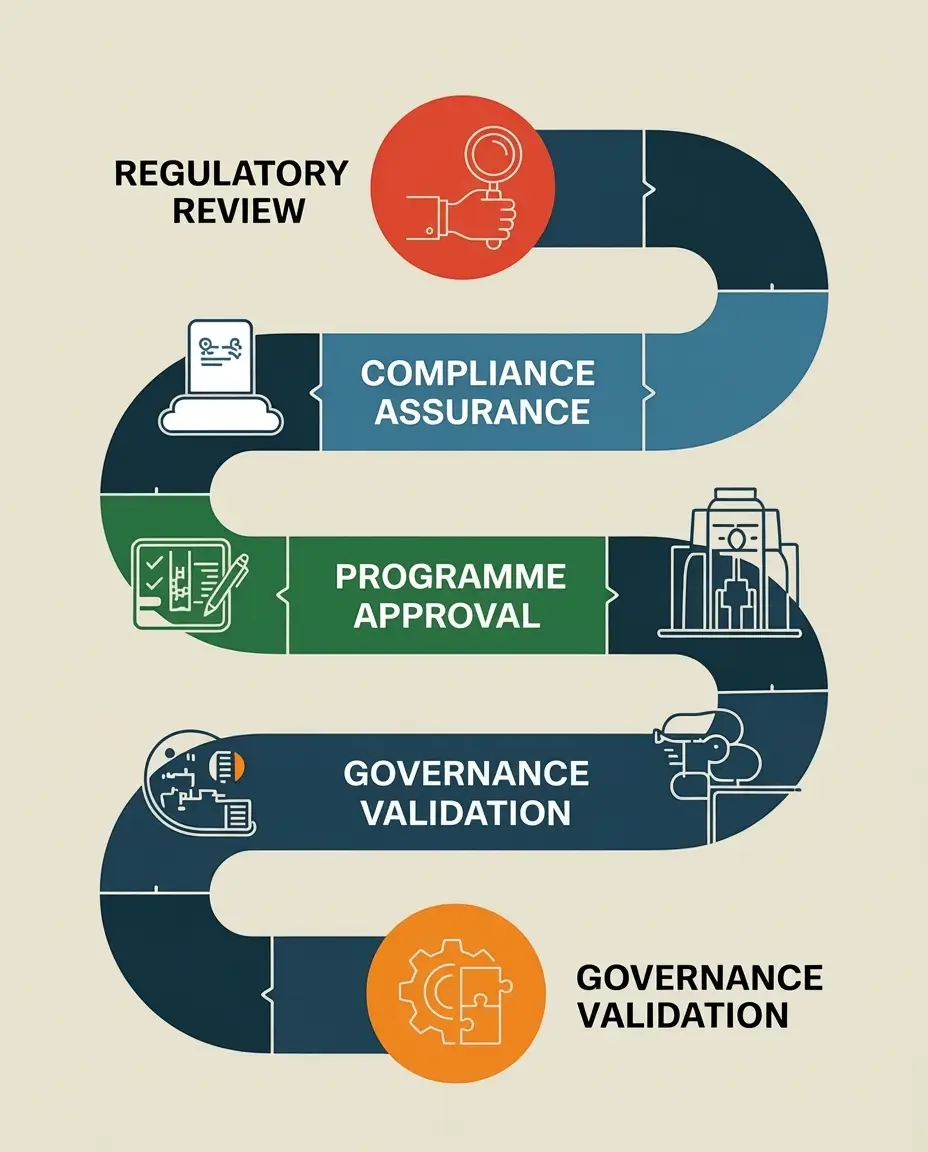 Regulatory inspection team under elevated transport project with data overlays illustrating compliance checks and AI risk monitoring.