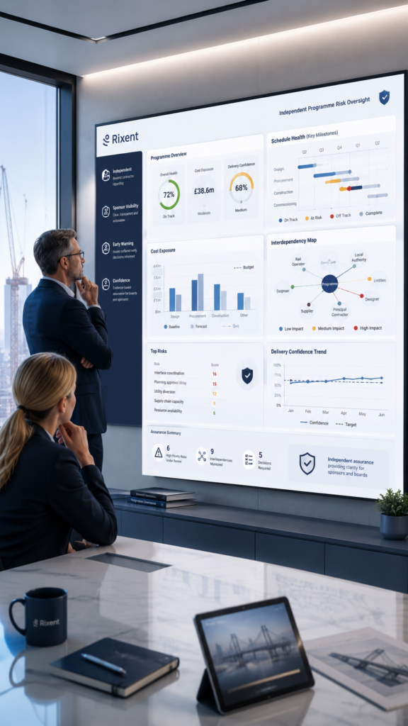 Independent programme risk oversight dashboard reviewed by sponsors in a modern infrastructure control room