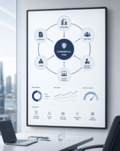 Corporate risk dashboard in office setting | Mega Project Compliance Commercial risk dashboard showing contracts, suppliers, claims and board visibility for infrastructure programme oversight