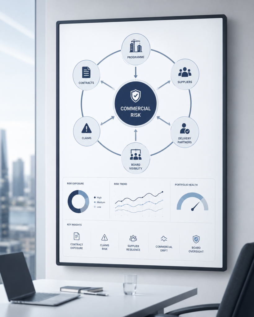 Commercial risk dashboard showing contracts, suppliers, claims and board visibility for infrastructure programme oversight