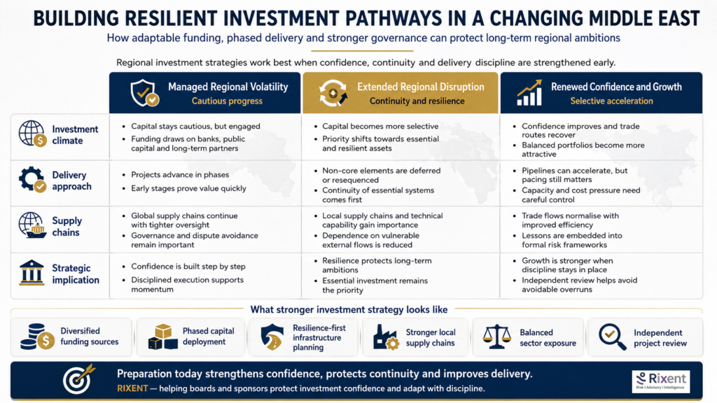 nfographic showing three Middle East investment scenarios and how funding, delivery, supply chains and governance should adapt under regional uncertainty.