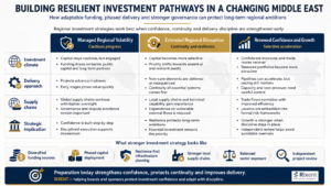 Building resilient investment pathways graphic | Mega Project Compliance nfographic showing three Middle East investment scenarios and how funding, delivery, supply chains and governance should adapt under regional uncertainty.