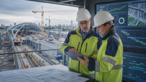 Construction leaders reviewing AI-supported project data on a major rail infrastructure site.